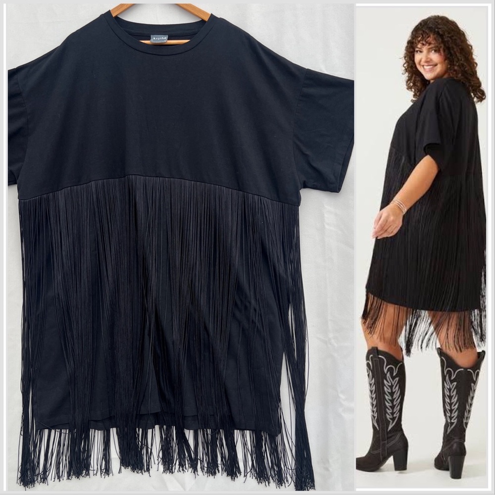 ARULA Black Fringe Tee Dress